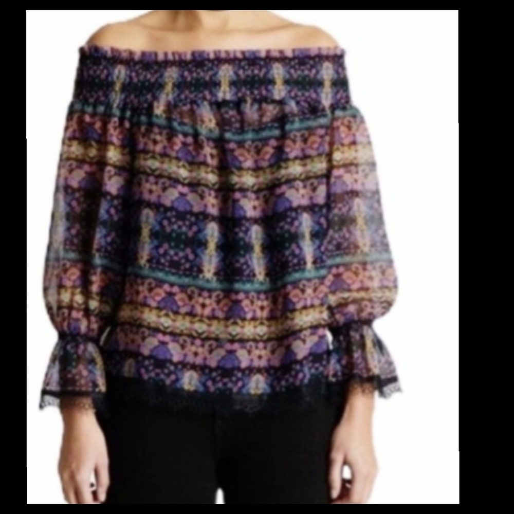 Anna Sui Nordic Floral Chiffon Off the Shoulder Blouse